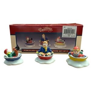 Vintage Lemax Dickensvale Porcelain Saucers Sledding In The Snow Set of 3 W/ Box